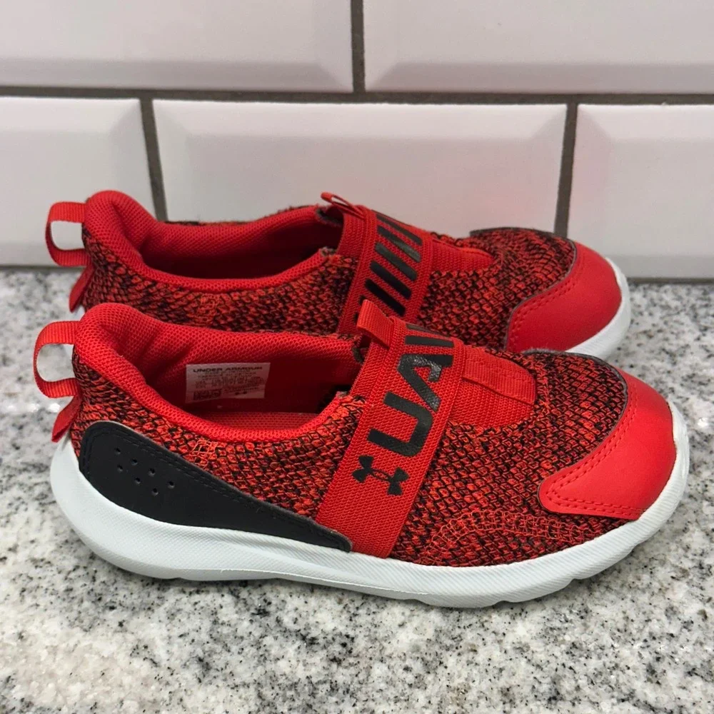 Under Armour Kids 10K Run Play Sneaker Red Black Slip On Athletic 3026530-600